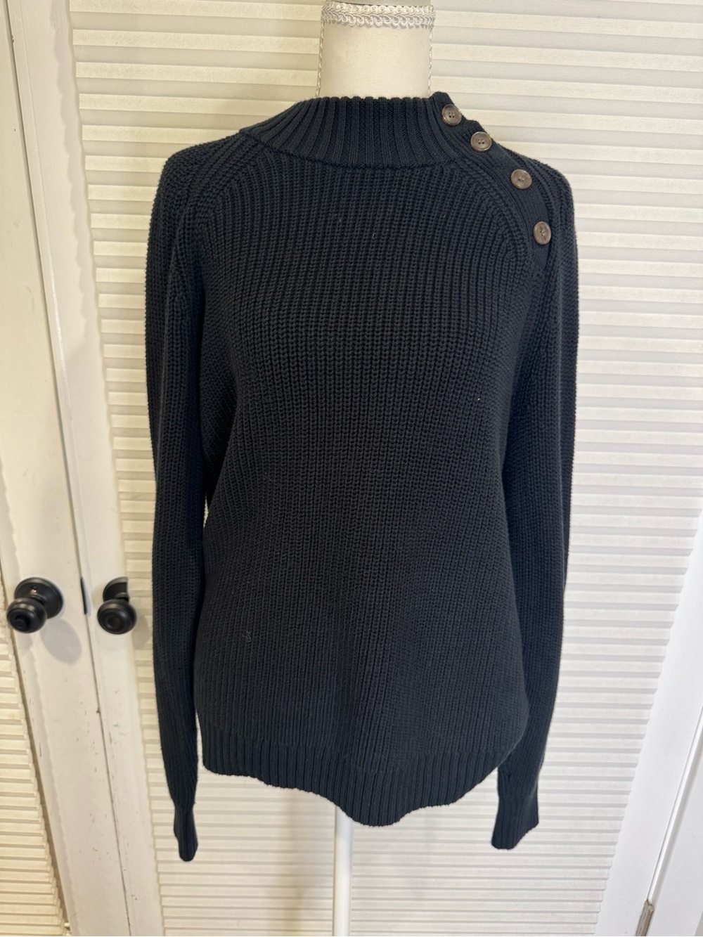 J. Crew Black Ribbed Button-Shoulder Turtleneck Sweater 0994